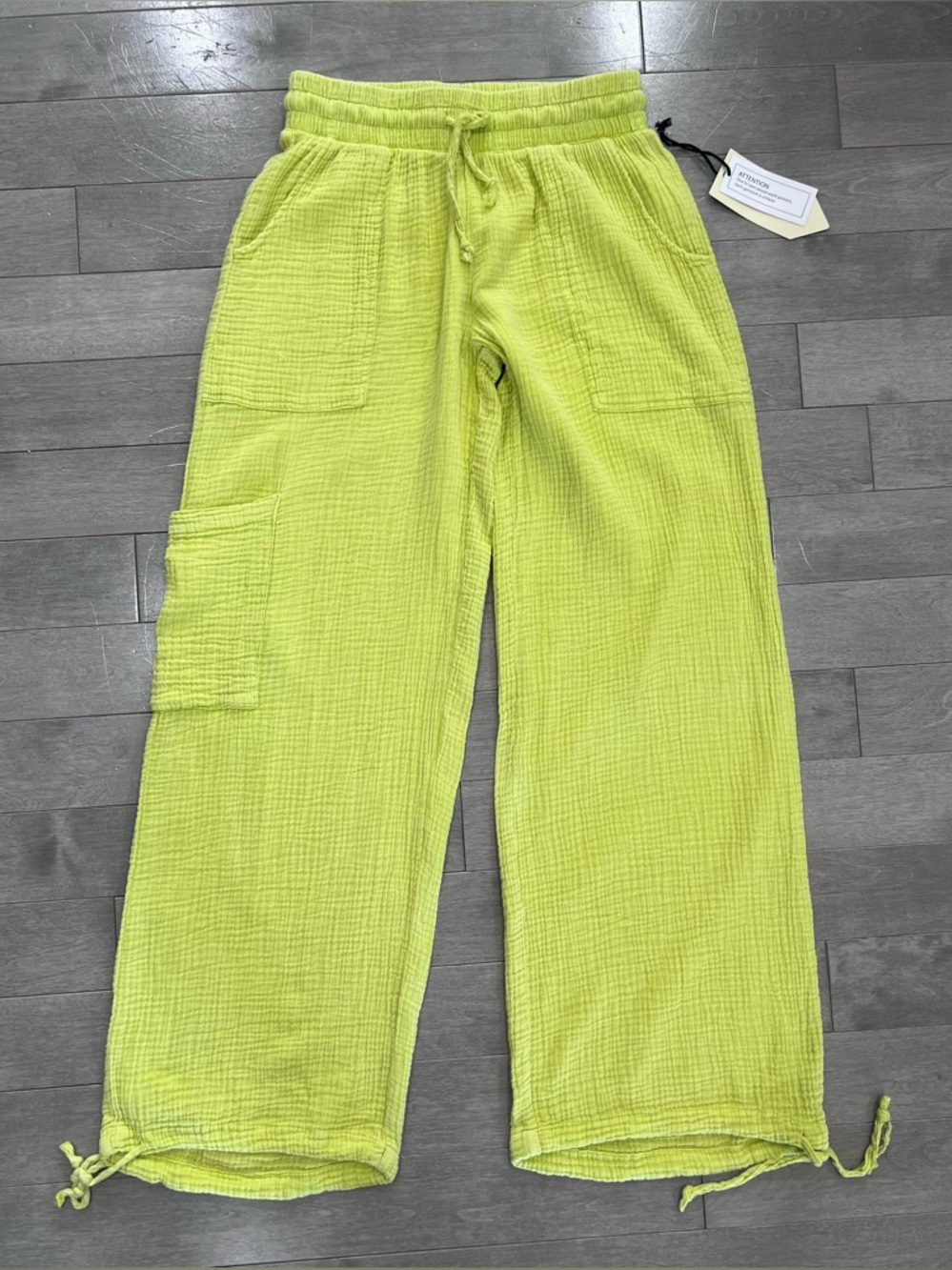 NWT Banjara Double Gauze Wide Leg Cargo Pants Chartreuse Lime Green, Small